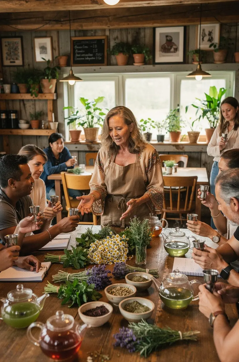Kūrybingai užrašyti žolelių arbatos receptai ant popieriaus, skatinantys sveiką gyvenimo būdą.