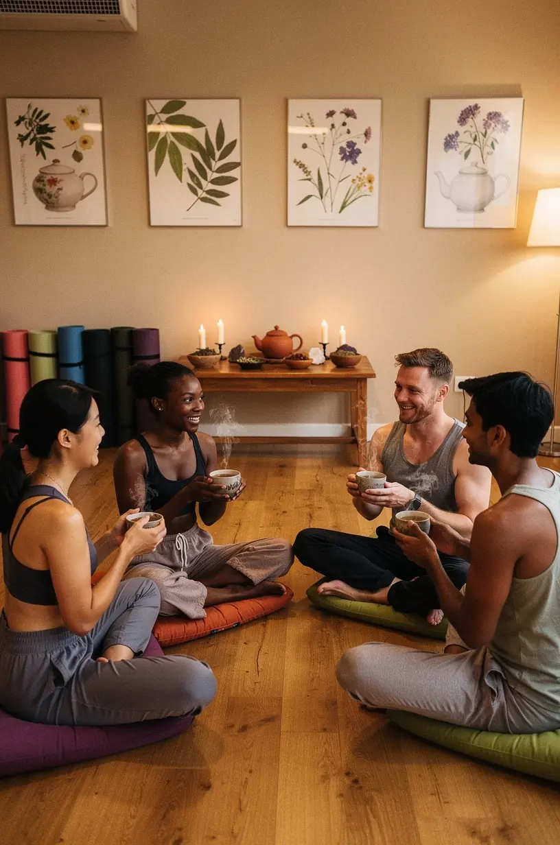 Natūralios gamtos elementai šalia arbatos puodelio, simbolizuojantys natūralų atsipalaidavimą.