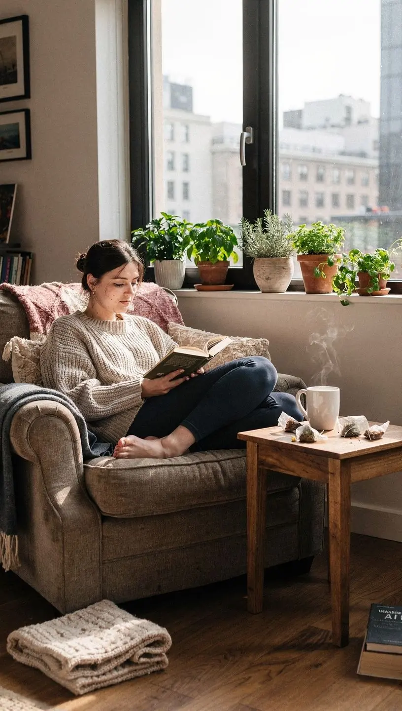 Moteris ramiai gerdama žolelių arbatą, atsipalaidavimo ir gerovės momentas.