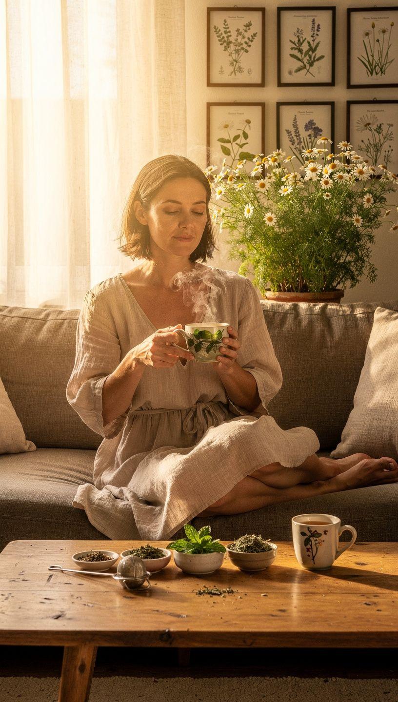 Švelni žolelių arbatos puodelio kompozicija ant medinio stalo, simbolizuojanti kasdienius ramybės ir gerovės ritualus namuose.